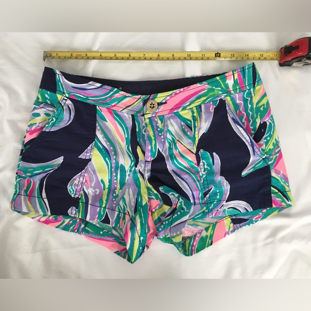 EUC Lilly Pulitzer Liana multi colored shorts with dark navy background.